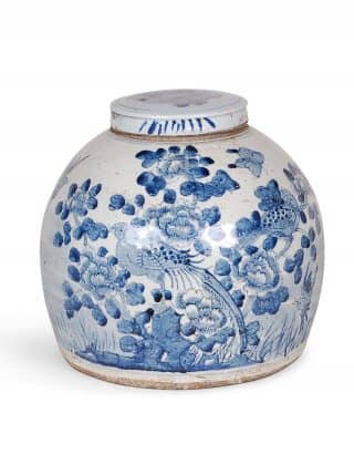 10″ Blue and White Bird and Flower Jar