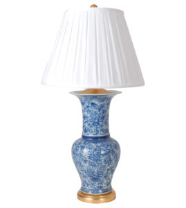 31" Blue and White Floral Beaker Vase Lamp on Gold Leaf Base