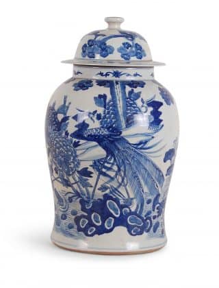 19″ Blue and White Peacock Ginger Jar