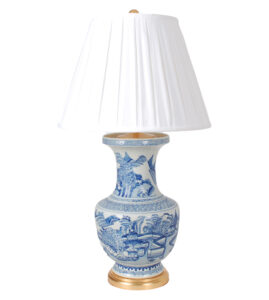 28" Blue and White Vase Lamp on Gold Leaf Base