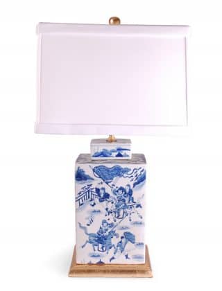 26″ Square Blue and White Warrior Tea Caddie Lamp