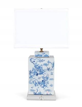26″ Square Blue and White Warrior Tea Caddie Lamp