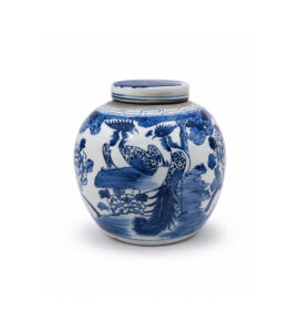 11" Blue and White Bird and Flower Jar
