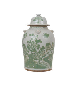 18" Foot-stomped Green and White Ginger Jar with Bird and Flower