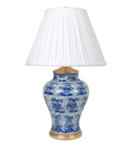 30" Blue and White Floral Vase Lamp on Gold Leaf Base
