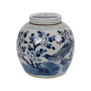 10" Blue and White Bird and Flower Jar