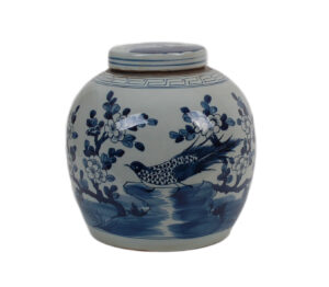 12" Blue and White Bird and Flower Jar