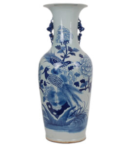 24" Blue and White Pheasant Vase with Foo Dog Handles