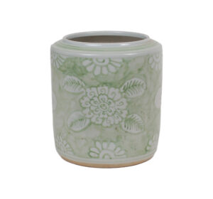 10" Washed Green and White Floral Cachepot