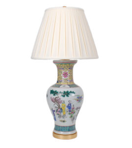 33" Multicolored Figures Vase Lamp on Gold Leaf Base