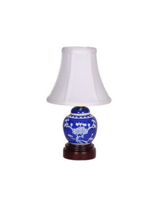 12″ Blue and White Hawthorne Mini Jar Lamp on Wood Base
